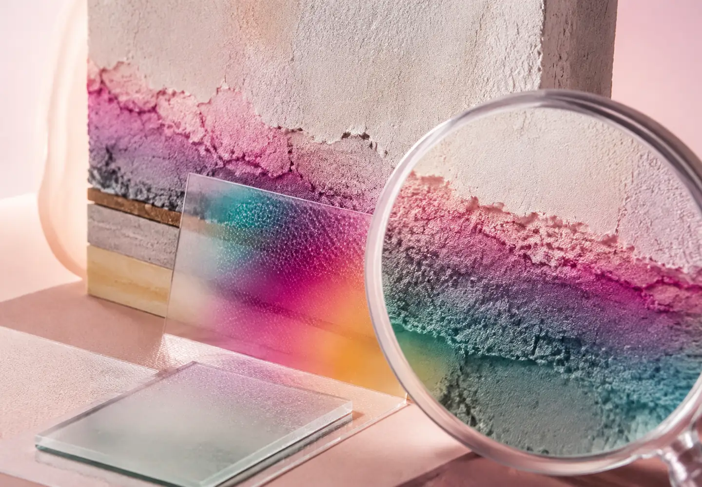 Capas de yeso con gradientes de color observadas a través de una lupa transparente como estudio de indicios de humedad